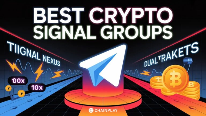 A promotional graphic from CHAINPLAY titled 'BEST CRYPTO SIGNAL GROUPS' featuring the Telegram logo, Bitcoin coins, and lightning bolts with text '100x' and '10x'.