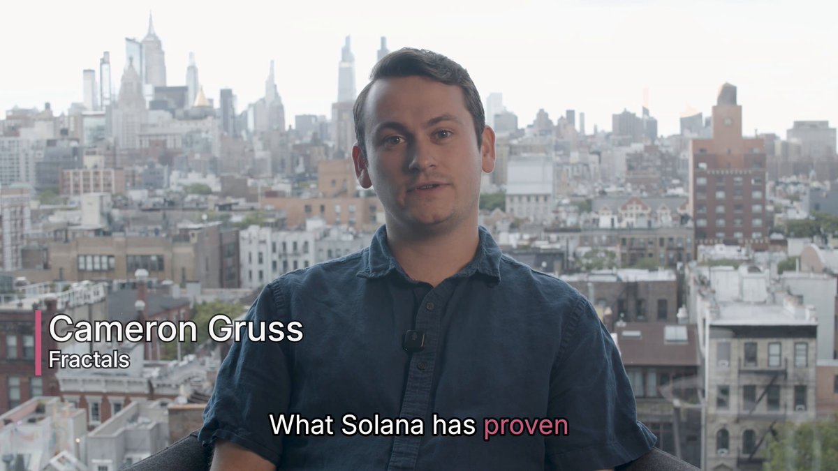The image features a man wearing a blue shirt who appears to be sitting in an office chair with a city skyline visible through a window behind him. The caption of the image reads, "Join @incubator and spend 3 months in NYC building alongside the @solanalabs team. Hands-on support across dev, go-to-market, fundraising, and brand, and a front-row seat in the ecosystem."