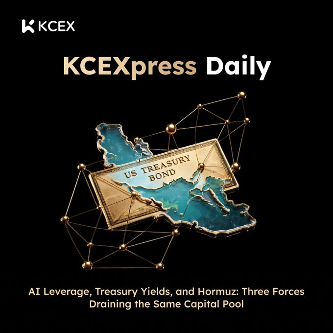KCEXpress Daily promotional graphic featuring a 3D US Treasury Bond, with the headline 'AI Leverage, Treasury Yields, and Hormuz: Three Forces Draining the Same Capital Pool'.