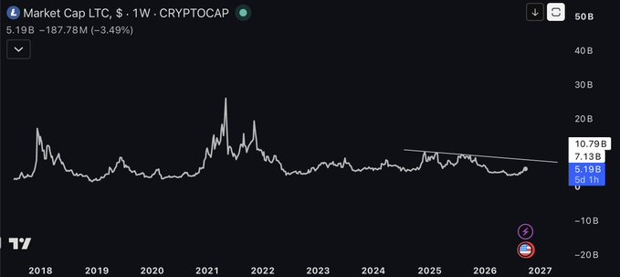 A TradingView chart showing 'LTC Market Cap' with the value '5.19B -187.78M (-3.49%)' trending downward from 2018 to 2027.