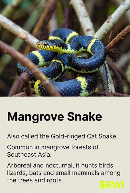 An informational graphic showing a black and yellow Mangrove Snake (Gold-ringed Cat Snake) coiled on branches, noting it is common in Southeast Asian mangrove forests. Branded with 'RWI'.