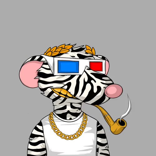 A cartoon illustration of a zebra wearing blue and red 3D glasses, a gold chain, and a gold laurel wreath on its head, smoking a pipe.