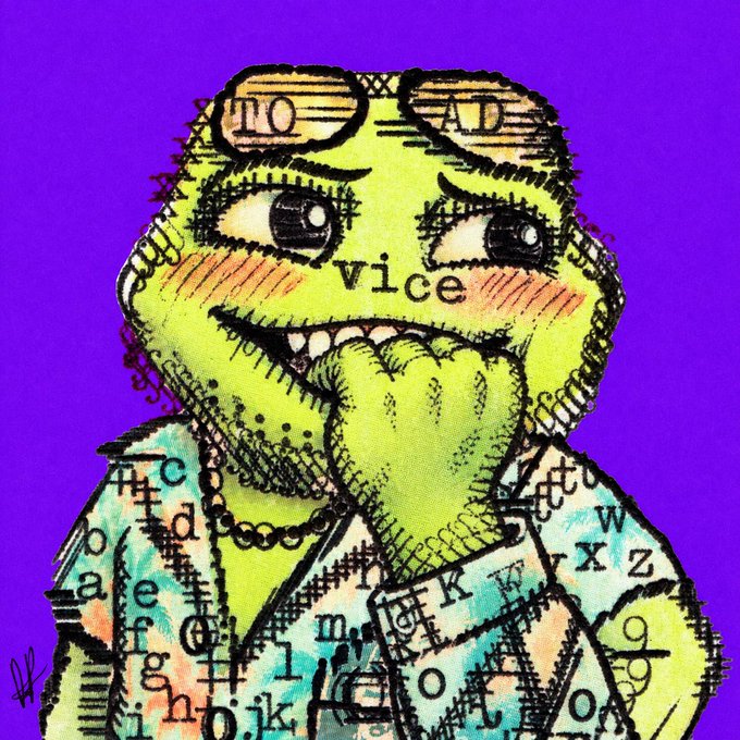 A stylized cartoon illustration of a green character with large expressive eyes, holding a finger to its mouth, covered in scattered letters with words like 'LOAD' and 'vice' visible on a purple background.
