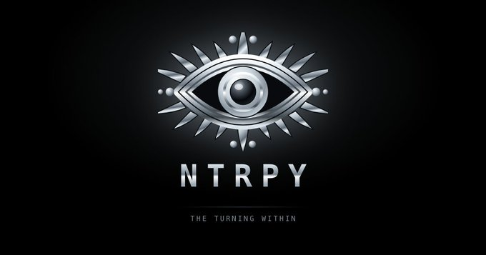 The image features a metallic silver eye emblem with radiant spikes against a black background, accompanied by the text "NTRPY — THE TURNING WITHIN." This branding is associated with the 0xNTRPY project, referenced in the post announcing their presale and whitelist event.