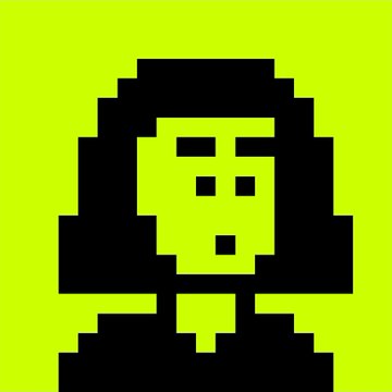 A pixel-art style illustration of a figure with long black hair and a yellow face against a bright neon green background.