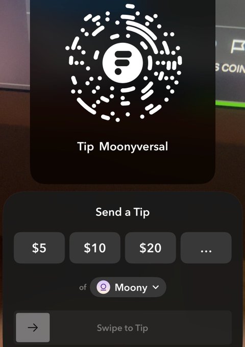 Screenshot of a digital tipping interface featuring a QR code, the text 'Tip Moonyversal', and tip amount options of $5, $10, $20 with a 'Swipe to Tip' button at the bottom.