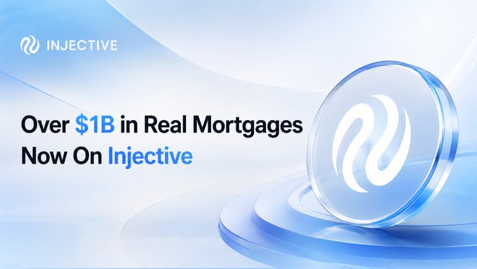 A promotional banner for Injective featuring a blue glass-like orb with the logo, announcing 'Over $1B in Real Mortgages Now On Injective' with the Injective branding in the top left.