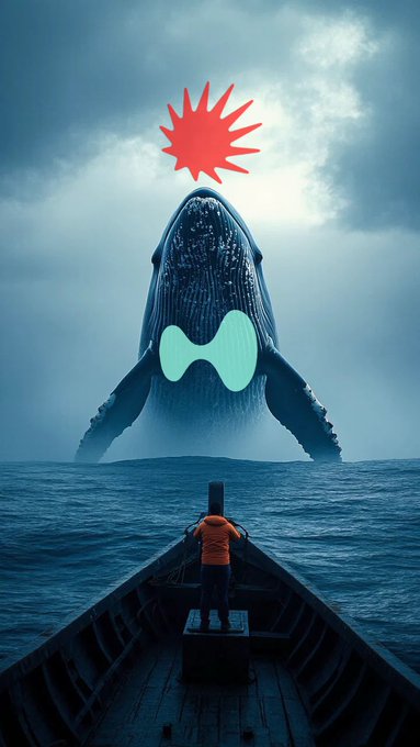 A colossal whale breaches the ocean before a lone sailor in a small boat, mirroring the post's report of $HYPE whales aggressively accumulating massive amounts of $DOT. The towering, stylized whale—adorned with a red burst and glowing teal accent—visually reinforces the scale of the 8m and 11.1m $DOT purchases by Hyperliquid (HL) whales over the past 5 days.
