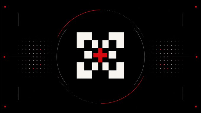 A minimalist digital design featuring a white geometric logo with a red plus sign in the center, set against a black background with red accents and corner brackets forming a frame.