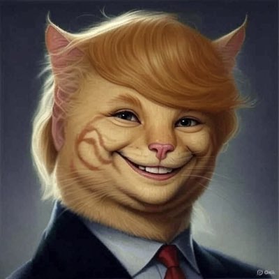 A digital portrait combining a human face with cat features, featuring orange hair, cat ears, a pink nose, and whiskers, wearing a suit and red tie.