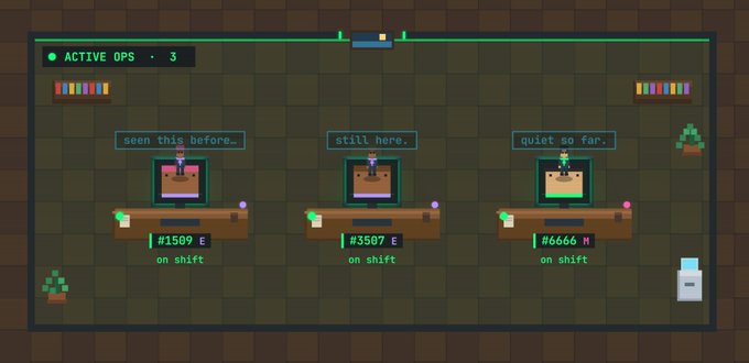 A pixel-art video game scene showing three operators at workstations with chat bubbles reading 'seen this before..', 'still here.', and 'quiet so far.', under an 'ACTIVE OPS · 3' indicator.