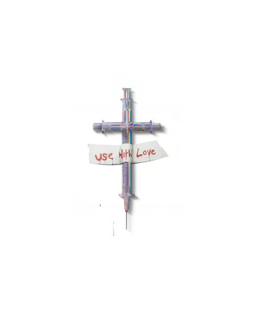 The image features a cross made of paper with the words "use with love" written above it, along with a red needle attached to the cross. The background of the image is white, which contrasts with the colorful elements of the cross and needle. The caption below the image reads "@troyfitzpatric SOLD↴ to @sjf_keef for 0.2 ETH ($351.32) $RARE".