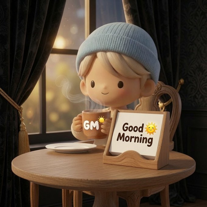 A cute 3D-rendered figurine of a blonde character wearing a blue beanie, holding an iced coffee mug marked 'GM', sitting at a wooden table with a 'Good Morning ☀️' sign.