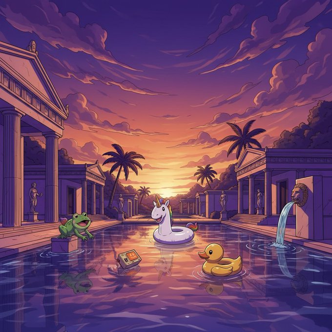 A whimsical sunset scene depicts a frog, unicorn floatie, and rubber duck relaxing in a classical pool surrounded by Greek architecture and palm trees, creating a dreamy, surreal atmosphere. The image's fantastical, "crazy" imagery aligns with the post's message about needing bold conviction and imagination to chase 10,000x gains in crypto, humorously contrasting the laid-back pool setting with the intense mindset required for $POOLBOT.