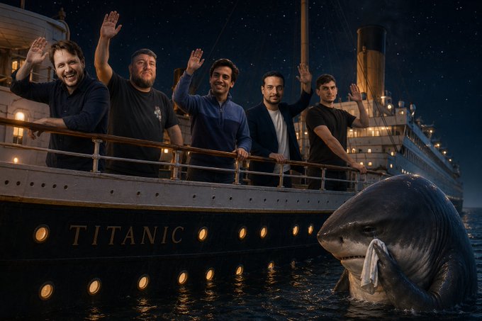 Five men wave goodbye from the deck of a ship labeled "TITANIC" at night, while a CGI shark in the foreground nervously bites its lip — a humorous visual metaphor suggesting the cryptocurrency "celebrities" are finally abandoning ship after market damage, with the shark hoping they'll sink before reaching the lifeboats.