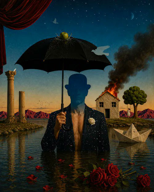 A surrealist artwork depicting a faceless figure in a bowler hat and starry suit holding an umbrella topped with an apple and a white dove, standing waist-deep in water near a burning house and a paper boat.