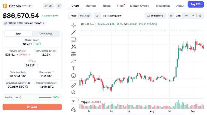 A Bitcoin price tracker showing BTC trading at $86,570.54, up 13.99% over the week, with a market cap of $1.73T and a candlestick chart displaying recent price action.