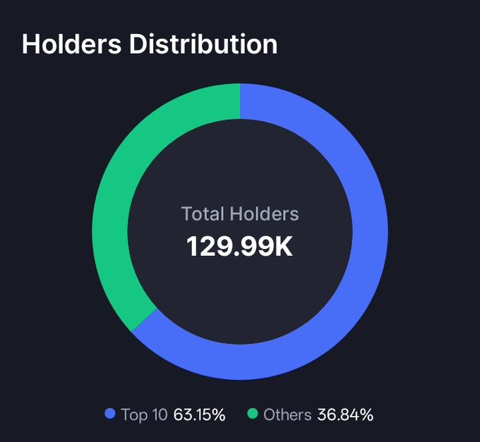 A donut chart titled "Holders Distribution" shows a total of 129.99K $ANSEM holders, split between the Top 10 at 63.15% (blue) and Others at 36.84% (green), highlighting the concentration of tokens among the largest holders as the project aims to grow toward 1 million holders.