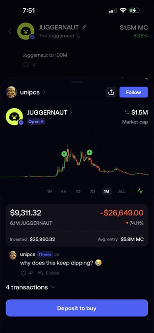 A crypto trading app screenshot shows a user named "unipcs" holding 6.1M JUGGERNAUT tokens with a current value of $9,311.32, down $26,649 (-74.11%) from their $35,960.32 investment at an average entry of $5.8M market cap, with the user's comment asking "why does this keep dipping?". The image humorously illustrates the post's point about a bad investment pick—while unipcs is holding a heavy loss on JUGGERNAUT, the joke suggests $kitty would have been the better choice.