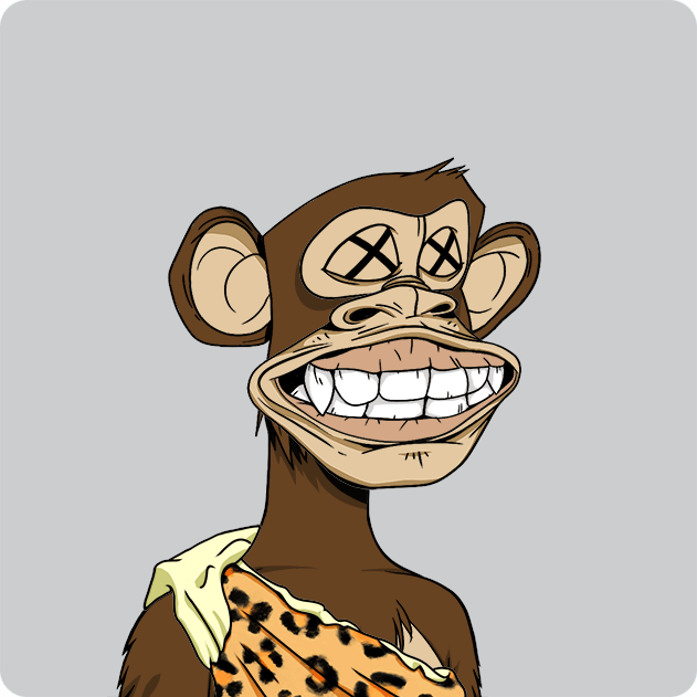A cartoon illustration of a brown monkey with X-shaped eyes and a wide toothy grin, wearing a leopard-print toga, set against a plain gray background.