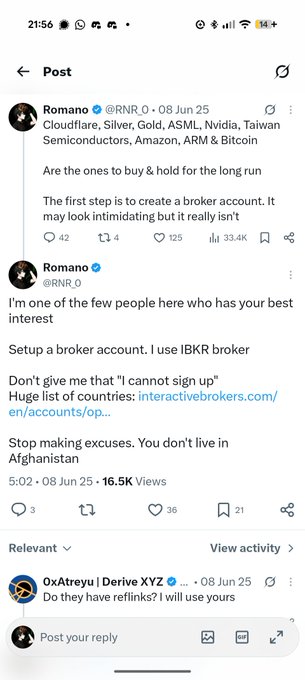 A screenshot of an X post by Romano (@RNR_O) advising followers to buy and hold long-term assets like Cloudflare, Silver, ASML, Nvidia, Taiwan Semiconductors, Amazon, ARM, and Bitcoin via Interactive Brokers (IBKR), discouraging leveraged crypto perpetual positions in favor of spot purchases without funding fees.