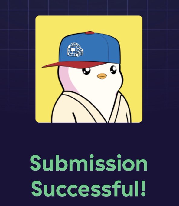 The image features a cartoon penguin wearing a baseball cap, standing against a blue background. The text "Submission Successful!" is written above the penguin's head, indicating that the penguin has successfully completed its submission for the opportunity to collaborate with Pudgy Penguins on Good Stuff Toys Wave 3.