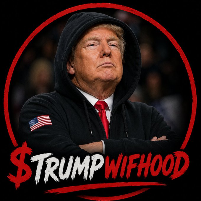 The user wants a concise caption for the provided image.
I need to identify the key visual elements:
- A man (Donald Trump) wearing a black hoodie with the hood up.
- He has a red tie and a white shirt underneath.
- There is an American flag patch on his left sleeve.
- He has his arms crossed and a serious expression.
- The image is framed by a rough red circle.
- There is large text at the bottom: "$TRUMPWIFHOOD" in white and red brush-stroke font.
- The background is black.

I need to incorporate the context from the accompanying post ("United We Meme. Hooded We Stand. The Hood Cycle Has Begun...") but focus primarily on describing the image itself as requested ("Write a concise 1-2 sentence caption describing what is in this image").

Drafting the caption:
- The image features Donald Trump in a black hoodie, arms crossed, inside a red circle.
- The text "$
