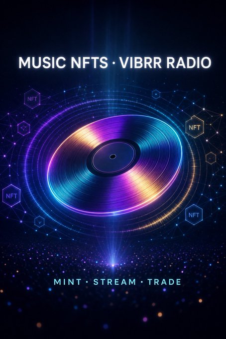 Promotional graphic for 'MUSIC NFTS · VIBRR RADIO' featuring a glowing, colorful vinyl record and 'MINT · STREAM · TRADE' at the bottom.