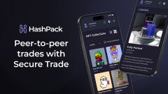 The image is a promotional graphic for HashPack's Secure Trade feature, displaying the HashPack logo alongside mockups of mobile app screens showing NFT trading interfaces with collectible items like a red car and a cartoon character. The accompanying text highlights HashPack's peer-to-peer trading solution built on Hedera, designed to eliminate the "send first" problem by allowing users to review, confirm, and exchange with confidence—aligning with the on-screen messaging "Peer-to-peer trades with Secure Trade."