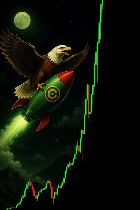 A digital artwork showing a bald eagle riding a green rocket with a 'C' logo, flying past a full moon alongside a green and red candlestick chart depicting upward market momentum.