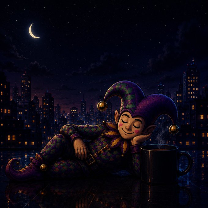 A jester in a purple and green harlequin costume sleeps peacefully on a rooftop beside a steaming mug of coffee, with a crescent moon and city skyline glowing in the night behind him, capturing the quiet, weary mood of winding down before sleep. The image visually echoes the post's theme of silent nighttime reflection, with the dozing figure and last cup of coffee symbolizing the peaceful end to a hard day alongside the "$ANSEM" tag.