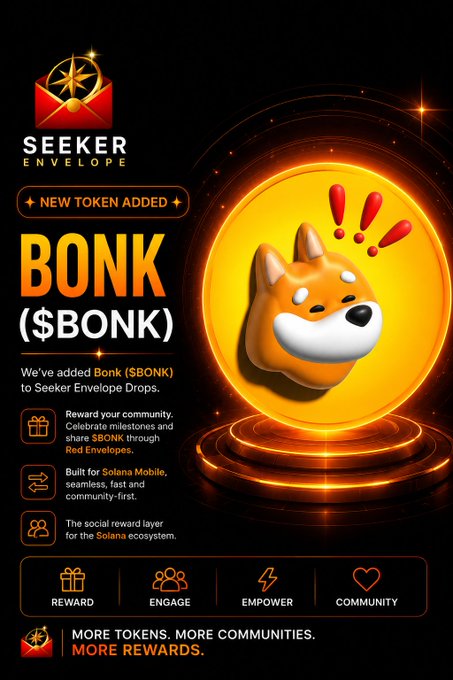 A promotional graphic for 'SEEKER ENVELOPE' announces a new token added called 'BONK ($BONK)' featuring a Shiba Inu dog character with red exclamation marks.