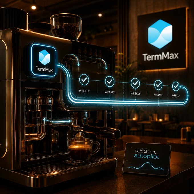 A promotional image for "TermMax" depicting a coffee machine with glowing blue tubes labeled "WEEKLY" checkmarks, alongside a tablet displaying "capital on autopilot."