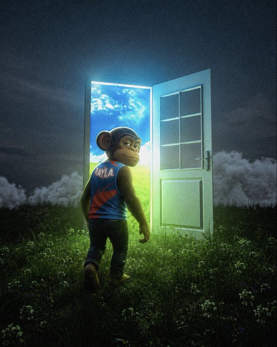 A surreal digital artwork showing a chimpanzee wearing a blue 'BAYLA' jersey standing in a misty field, looking back toward an open door that reveals a bright blue sky with clouds and a green landscape beyond.
