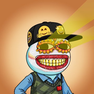 Surreal cartoon character with a wide grinning mouth, wearing a black cap with smiley faces, sunflower-shaped sunglasses, and a sweater vest, set against an orange gradient background.