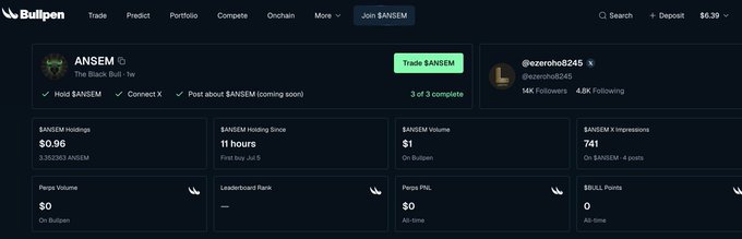 A screenshot of the Bullpen platform showing a trading profile for ANSEM with $0.96 holdings, 3.35M ANSEM tokens, and a trade button visible at the top.