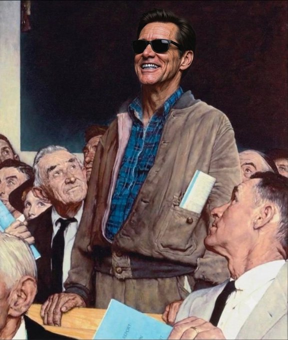 A painting of a smiling man wearing sunglasses, a blue plaid shirt, and tan jacket with a book in the pocket, standing amidst a crowd of people.