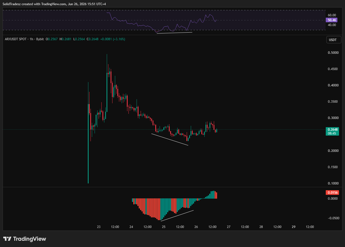A TradingView candlestick chart of ARKUSD SPOT (1h timeframe) shows a sharp decline followed by a consolidation phase around the $0.2648 level, with an RSI indicator at the top and a bullish divergence visible in the histogram at the bottom, supporting the claim of a potential bottom.