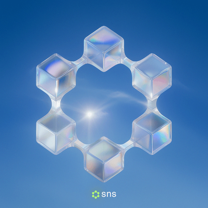 urn of ice cubes arranged in a hexagonal pattern against a clear blue sky, with the word "SNS" displayed below.