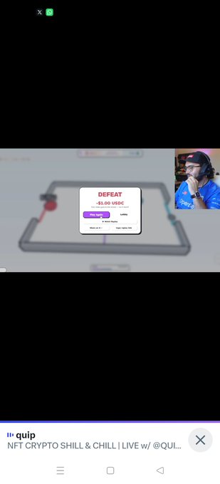 A vertical mobile video screenshot showing a 'DEFEAT -83.00 USDC' pop-up on a game-like interface, with a man wearing glasses and a blue shirt visible in a small webcam window, captioned 'NFT CRYPTO SHILL & CHILL'.
