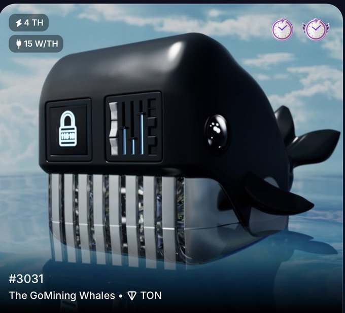 A digital artwork labeled '#3031 The GoMining Whales • TON' depicts a black whale-shaped mining rig with a hash power of 15 W/TH and 4 TH.