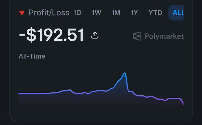 Polymarket Profit/Loss dashboard screenshot showing an All-Time loss of -$192.51 with a purple line graph displaying a sharp peak followed by a decline.