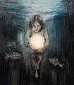 A dark, atmospheric illustration of a ghostly or monstrous figure with a glowing center emerging from a forest, accompanied by smaller shadowy creatures.