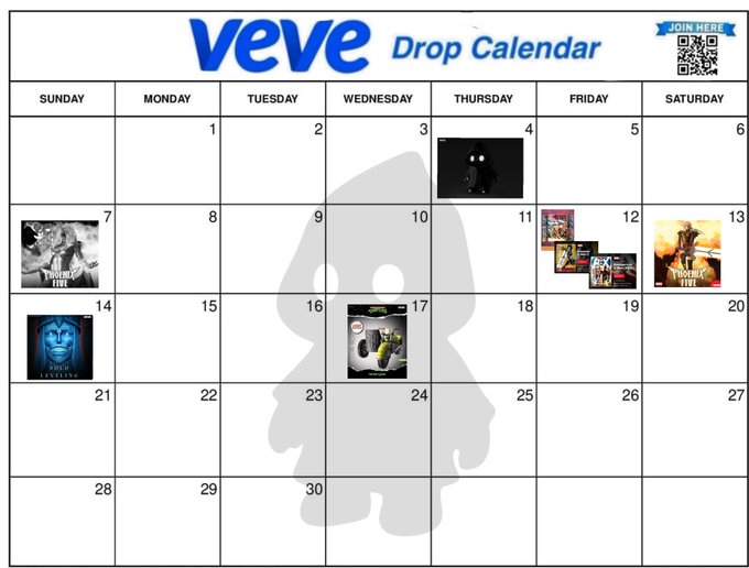 The image features a white wall with a Veve Drop Calendar displayed, showcasing twelve months of the year. The calendar includes various images of different people, animals, and objects throughout each month. These images are used as icons for the days of the week, creating a visually appealing layout that helps users quickly identify the day of the week by looking at the corresponding image. The post also mentions an update to the Veve Drop Calendar, which could be related to changes in the calendar format or additional features.
