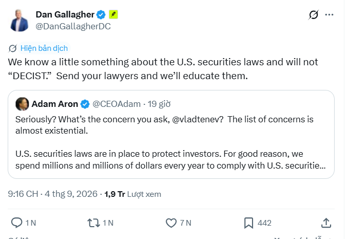 A Twitter/X post by Dan Gallagher (@DanGallagherDC) responding to Adam Aron (@CEOAdam) about U.S. securities laws, stating 'We know a little something about the U.S. securities laws and will not "DECIST". Send your lawyers and we'll educate them.'