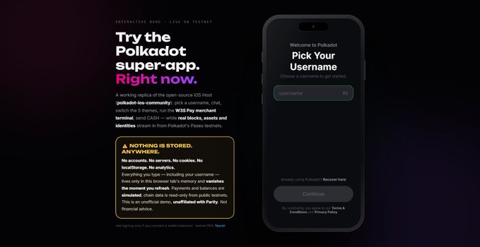 The image presents a screenshot of a Polkadot app's website with an iPhone displayed, along with a description. The text says "Polkadot super-app. Try the Polkadot Super App. Right now", which suggests that users should attempt to access and use the application as it is currently stored in the system. This might be for testing purposes or as part of the development process before launching an actual version of the app for release on the internet. The image also highlights a discussion about how the app stores nothing, implying that there are no real data or information stored within the system yet.