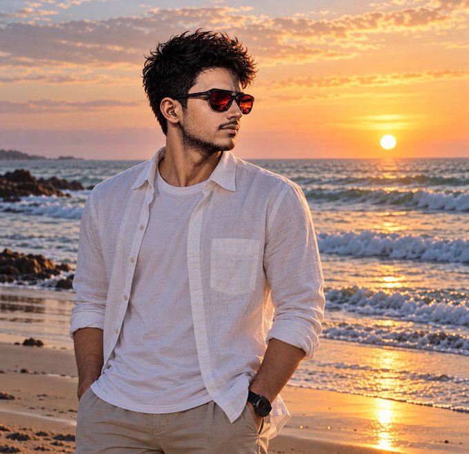 A young man wearing sunglasses, a white t-shirt, and an unbuttoned white shirt stands on a beach at sunset, looking off to the side.