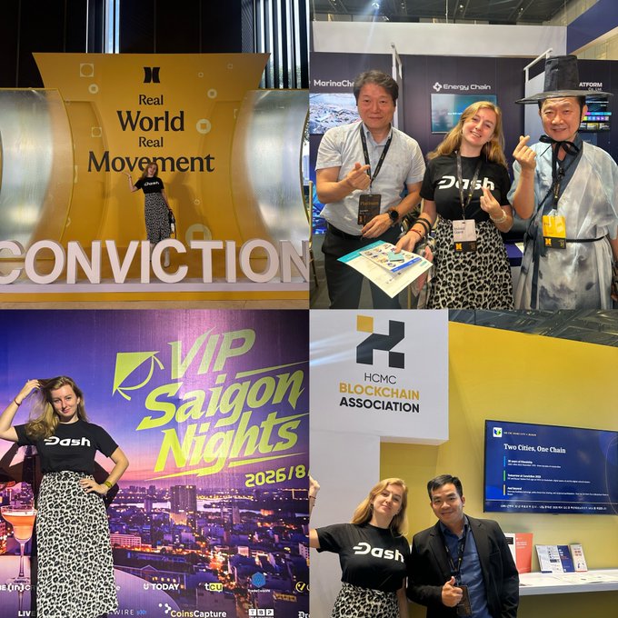 A four-panel collage from a blockchain conference showing the "Dash" cryptocurrency being promoted, including images with the text "CONVICTION," "Real World Real Movement," "VIP Saigon Nights 2026/8," and "HCMC BLOCKCHAIN ASSOCIATION," featuring people in Dash-branded shirts posing with attendees.