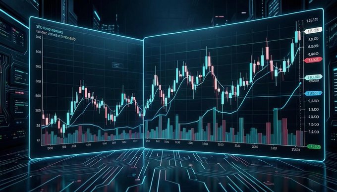 A futuristic, neon-lit digital display shows a complex stock market candlestick chart with fluctuating red and green bars.