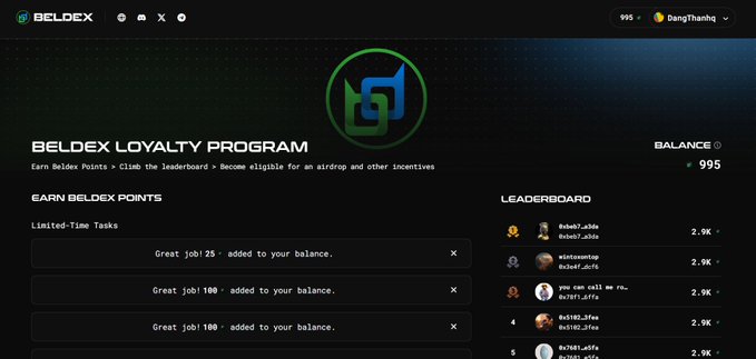 A screenshot of the BELDEX LOYALTY PROGRAM dashboard showing a balance of 995, a leaderboard with user rankings, and limited-time tasks like 'Great job! 25 added to your balance'.